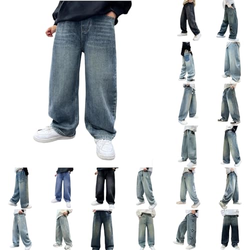 Boys Baggy Denim Pants Straight Wide Leg Cargo Jeans Casual Elastic Waist Loose Fit Pants Y2K Streetwear with Pockets