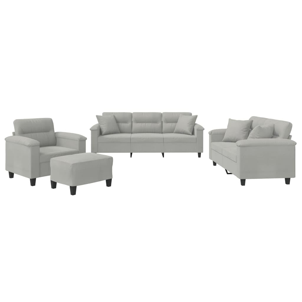 Juego de 4 piezas de sofá gris claro con tejido de microfibra, incluye chaise longue, sofá de 2 plazas, sofá de 3 plazas y reposapiés, taburete de 60 x 50 x 41 cm, diseño moderno para salón