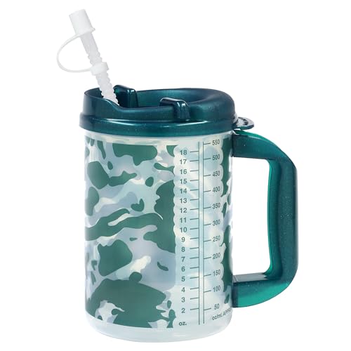 Image of Plum Hill Green Camo 20 Oz Hospital Cup with Lid and Straw | Large Water Cup with Measurement Markers, Medical Water Bottle, Clear Plastic Mug