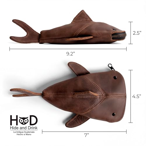 Image of Hide & Drink, Full Grain Leather Zipper Coin Pouch, Change Bag, Pencil Purse, Scissors Case, Shark Shaped Cable Holder, Wallet, Makeup, Stuffed Animal, Handmade, Bourbon Brown