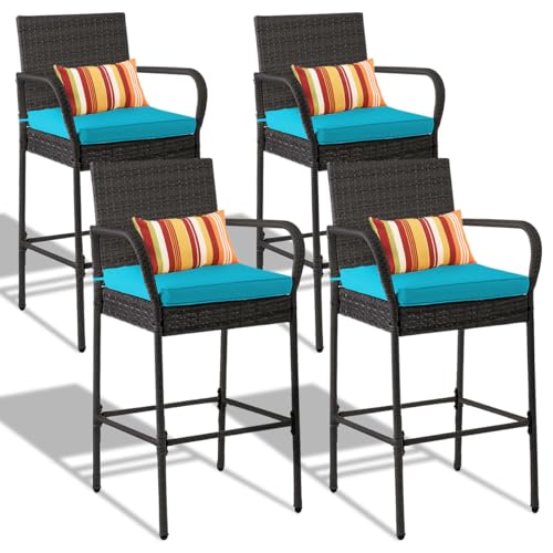 Image of Sundale Outdoor Wicker Bar Stool Set of 4, Patio Counter Height Pub Chair with Arms, High Top Rattan Barstool, Cushion Blue, All-Weather Outdoor Rattan Furniture