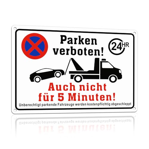 TAKULA Parken Verboten Schild 30x20cm - Mit 'Auch Nicht für 5 Minuten!', Schilder Parkverbot, Parkverbotsschilder, Warnung & Abschleppdrohung | 1 Stück