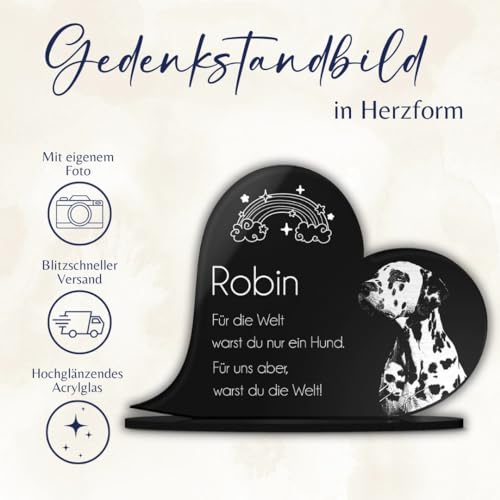 Gedenkstandbild Gedenktafel mit Gravur Fotogravur Grabstein Tiere | Herz liegend in 2 Größen Grabschmuck graviert für Haustiere wie Hund Katze & Co. Grabplatte | Im Kerzenschein schön leuchtend