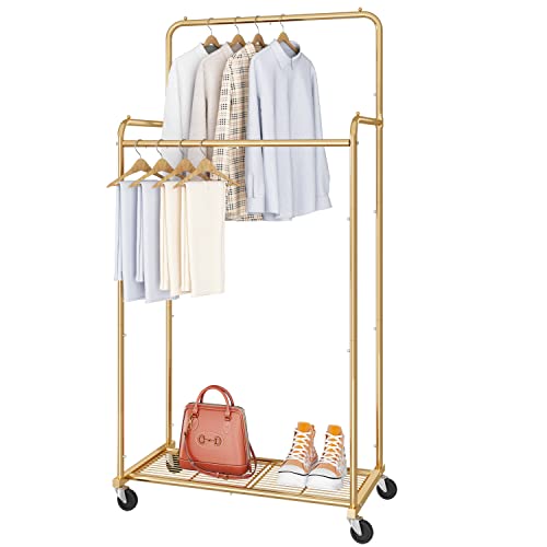 Ekisemio Double Rod Rolling Clothes Garment Rack, Heavy Duty Clothing Rolling Rack on Wheels for Hanging Clothes,with 4 Hooks, Gold