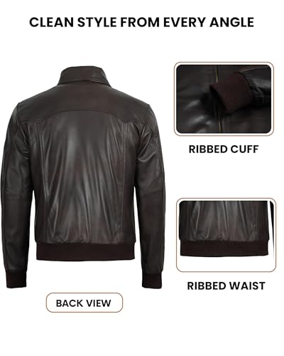 Image of Decrum Men's Bomber Leather Jacket - Vintage Style Real Lambskin Leather Jacket with Rib-Knit Cuffs and Hem