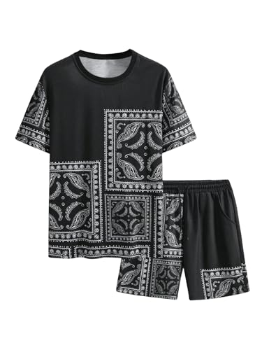 OYOANGLE Men's 2 Piece Outfits Boho Paisley Print Short Sleeve Top and Drawstring Shorts Set Tracksuits