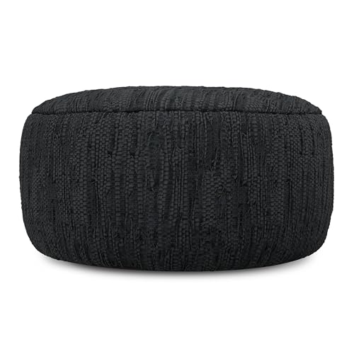 SIMPLIHOME Fredrik Round Pouf - 30 inch Wide Genuine Woven Leather Ottoman in Black, Boho-Style Footstool or Extra Seating for Living Room or Bedroom with Polystyrene Bead Filling, Assembled by SIMPLIHOME - Image 4