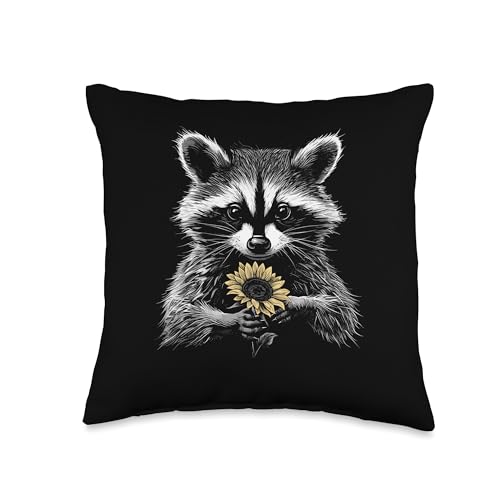 Raccoon Holding Sunflower Cute Flower Throw Pillow