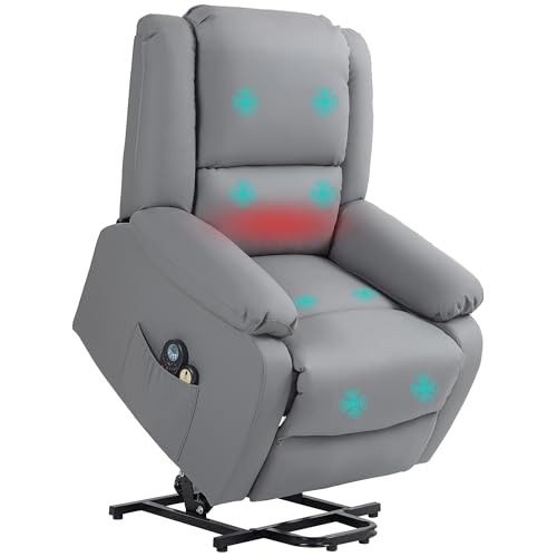 HOMCOM Sillón Relax Reclinable Eléctrico Levanta Personas Sillón Elevador con 8 Punto de Masaje Calor Lumbar 2 Controles Remotos Reposapiés Tela Resistente a los Arañazos y Bolsillo Lateral Gris