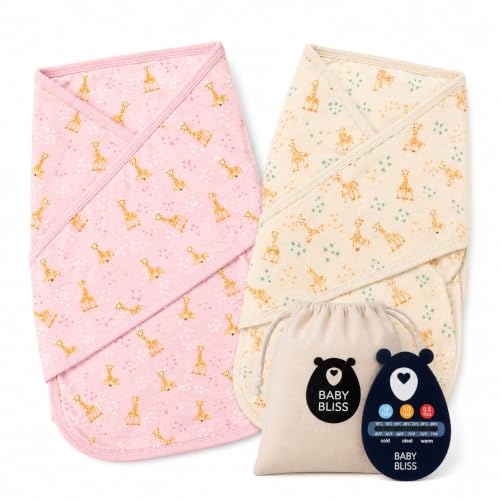 BabyBliss BlissSnug Lot de 2 Langes d'emmaillotage – Coton Biologique – Design respectueux des Hanches – Nouveau-né à 3 Mois (Sophie la Girafe - Pink)