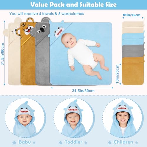 Image of 12 PCS Baby Bath Towels Set for Infants Toddlers Essentials | 4 PCS Baby Towels & 8 PCS Washcloths Set, Cute Animal Hooded, Ultra Absorbent & Soft, Newborn Shower Gifts for Boys & Girls