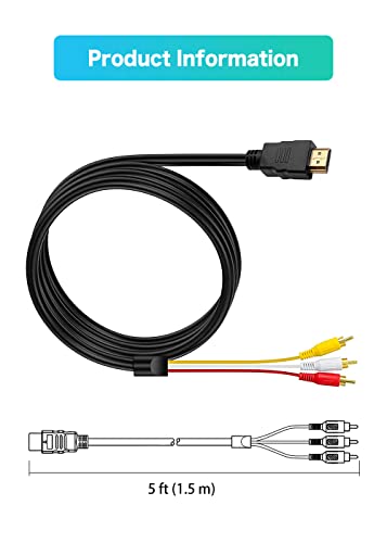 NOBVEQ HDMI to RCA Cable, 1080P 5 ft HDMI Male to 3-RCA Video Audio AV Cable Connector Adapter One-Way Transmitter for TV HDTV DVD - Thumbnail 7