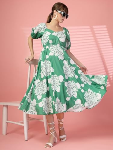 Image of OOMPH! Below Knee Shift Pink Dress in Crepe Fabric with Round Neck and Puff Sleeves - md619l
