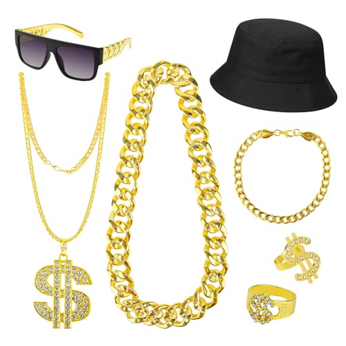 7 Pièces Déguisement Rappeur, Chaine Or Homme,Kit de Costume Hip Hop avec Chapeau,Gangster Gang Lunettes de Soleil, Accessoires de Rappeur pour Carnaval et Fête à...