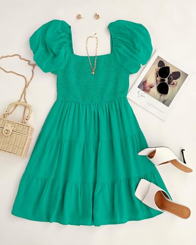 Image of ZESICA Women's Boho 2026 Summer Square Neck Puff Sleeve Off Shoulder Smocked Tiered Casual A Line Short Mini Dress