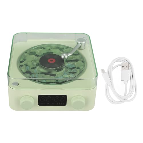 Image of Bluetooth Speaker, Turntable Design with Water Wave Light and Clock, Green | ABS housing, radio, memory card up to 64GB, audio input, battery level display, 1500mAh battery, charging cable