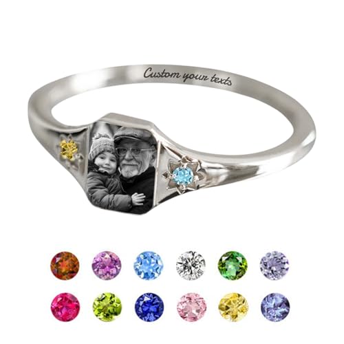 Custom Photo Ring 925 Sterling Silver Personalized Birthstone Rings for Women Customized Picture Ring Memorial Rings Promise Rings for Her Women Lover Couple