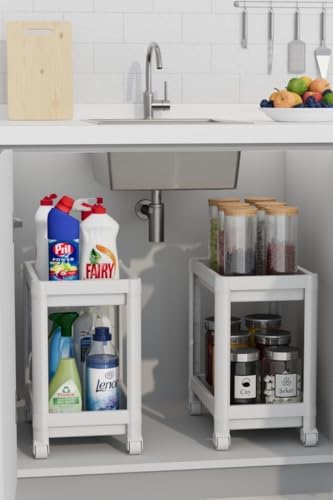 Orret Home 2 Katlı Tekerlekli Tezgah Altı Raf Organizer Düzenleyici Raf Ünitesi, Evye Altı Dolap İçi Düzenleyici, Mutfak Banyo Deterjanlık Şampuanlık Sebzelik,Taşınabilir Saklama Rafı (Beyaz) - Görsel 4