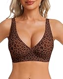 HOWIN Jelly Bras for Women Deep V Wireless Push Up Bra Full Coverage No Underwire Seamless Bras Plunge Comfort Everyday Tshirt Bra, Coffee Leopard