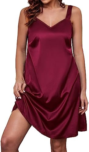 HBZDQB Racerback Nightgown for Women Silk V-neck Sleepwear Full Slips Jersey Chemise Lingerie Tank Nightie Wine Red M