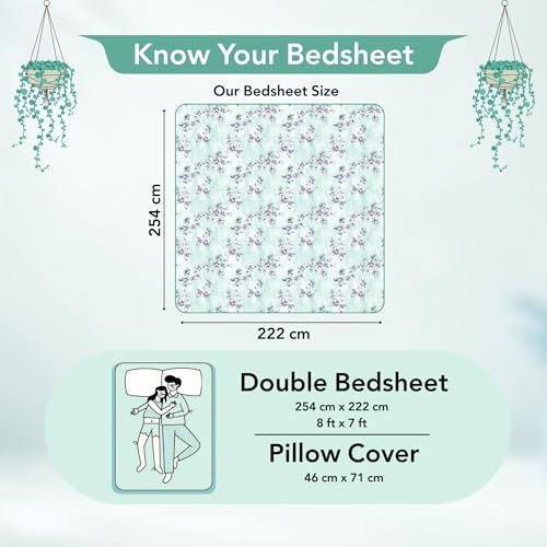 Image of Divine Casa 144 TC Cotton Double Bedsheet with 2 Pillow Covers | Soft Breathable Bedsheet for Double Bed | Modern Printed Bed Sheet Set for Bedroom & Guest Room (Mint Green, Floral)