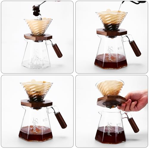 Image of Lalord Pour Over Coffee Maker, 20 oz Borosilicate Glass Set with 100 pcs V60 Paper Filter, Walnut Collar & Glass Lid, Drip Coffee Maker, 1-3 Cups, Clear (B-600 ml Set)