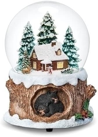 Roman Musical Wind Up Cabin Black Bear Base Snowglobe, 100mm, 5-inch Height, Tabletop Decor