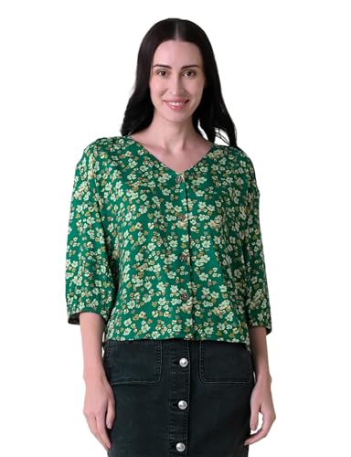 Enorsia Floral Print Button Front Blouse for Women with 3/4 Flared Sleeves and V-Neckline, Classy Elasticated Cuff and Sophisticated Look - Green, 12