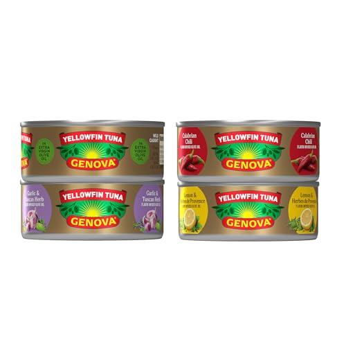 Genova Wild Caught Premium Yellowfin Tuna, 4 Flavor Variety Pack, 5 oz. Can (Pack of 4)