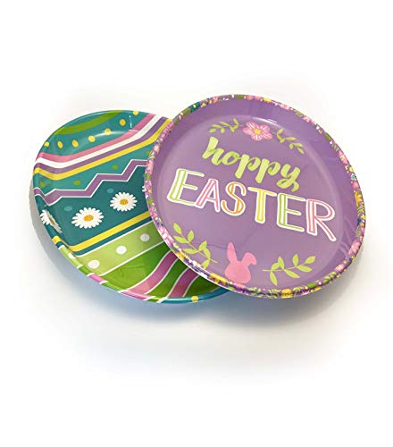 Happy Easter Plastic Extra Large Serving Trays Disposable Festive and Vibrant Assorted Designs Such as Bunny Rabbit and Stripes in Rectangular or Egg Shaped Trays (Set of 4)