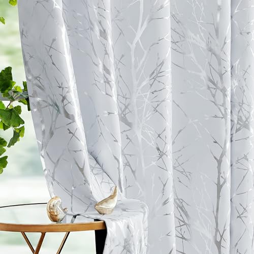 Fmfunctex Lot de 2 rideaux occultants blancs à motif de branche d'arbre argenté pour salon, chambre à coucher, chambre à coucher, rideaux de fenêtre...