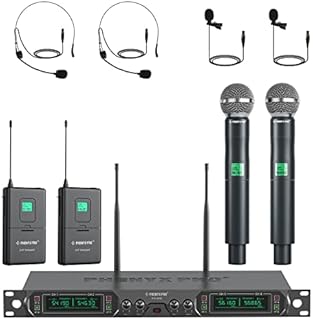 Phenyx Pro Wireless Microphone System, 4-Channel UHF Wireless Mic Set with Handheld/Bodypack/Headset/Lapel Mics, Fixed Frequency Metal Cordless Microphone for Church,Karaoke,Singing,DJ(PTU-5000B)