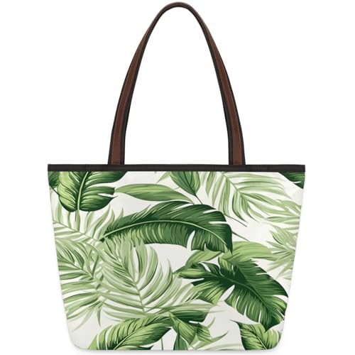 Tropical Tree Leaves Green Tote Bag Multi Pocket Zippered Beach Bag Lightweight Waterproof Handbag for Women Men Work Gym Travel Swimming Yoga Grocery Shopping M