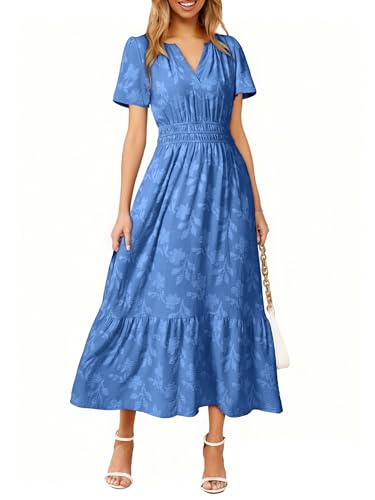 Image of Simplee Womens Summer Boho Maxi Dress Semi Formal Wedding Guest Short Sleeve V Neck Empire Waist Floral Long Dresses