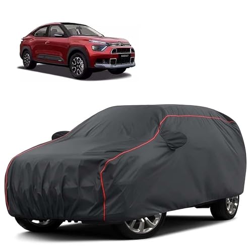 Image of Sulfar 100% Water Resistant Car Body Cover Compatible with Mirror for CITROEN Basalt (Triple Stitched, Full Bottom Elastic, Dark Grey Tafetta with Red Piping)