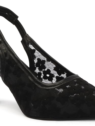 Image of TRYME Women's Floral Embroidered Mesh Mules Style Pointed Toe Slingback Stilettos Heel Sandals