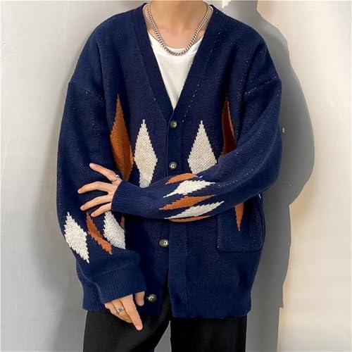 Men Argyle Pattern Sweaters V Neck Button Up Drop Shoulder Geo Cardigan Sweater Open Front Jumper with Pockets, Large, Blue4