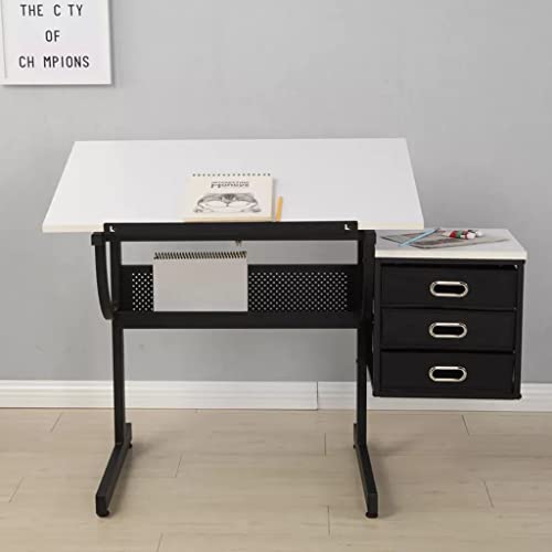 Zsedp Table White Adjustable Drafting Drawing Desk With Stool And 3 Drawers Solid Construction For Home,Office,School116*60 * 75Cm #TOP21