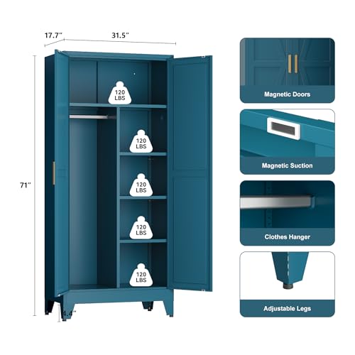 Farmhouse Wardrobe Cabinet,Metal Wardrobe Closet with Hanging Rod,Metal Armoire with Adjustable Shelves for Bedroom,Cloak Room,Office (Blue) - Image 4