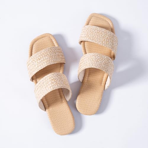 Image of Mtzyoa Women Flat Sandals Raffia Braided Summer Straw Dressy Casual Vacation Bohemian Cute Beach Comfy Slip On Slides