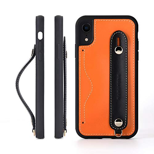 iPhone XR グリップケース レザー 本革 ストラップ付属 イタリア製牛革 ヌメ革 片手操作 カード収納 スタンド機能 メンズ レディース オレンジ/ブラック