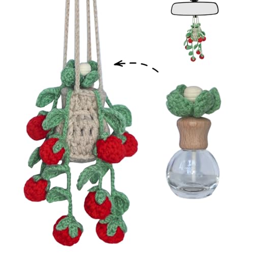 Image of ROFIGL Handmade Crochet Hanging Car Air Freshener - Sweet Cherry Charm with 12ml Refillable Glass Essential Oil Bottle, Cute Car Accessories for Women & Bedroom Floral Decor