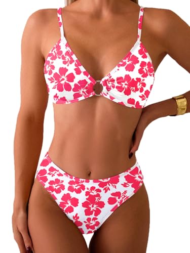 Image of Fanuerg Women's Triangle Bikini Sets O Ring Linked Two Piece Swimsuits Floral Printed Cheeky Bathing Suit