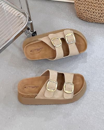 Women's Solid Color Thick Sole Comfort Slides Double Buckle Adjustable Casual Soft Beach Flat Sandals4
