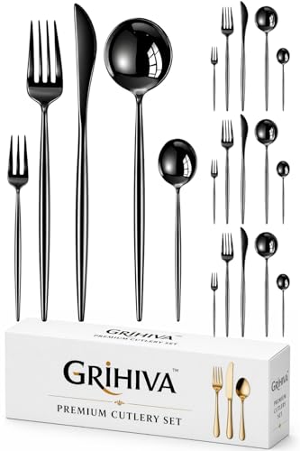 Image of 20 Pcs Black Cutlery Set for Dining Table the Perfect Lightweight Silim Handle Tableware Including Dinner Spoon, Dinner Fork, Dinner Knife, Dessert Spoon & Dessert Fork
