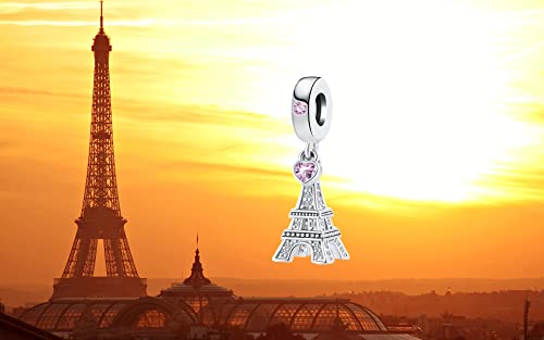 Mzc Jewelry Eiffel Tower Love To Travel Charm For European Pandora Bracelets Pink Crystal Heart Dangle Bead For Women Girl Mom Sister Family Holiday #TOP3