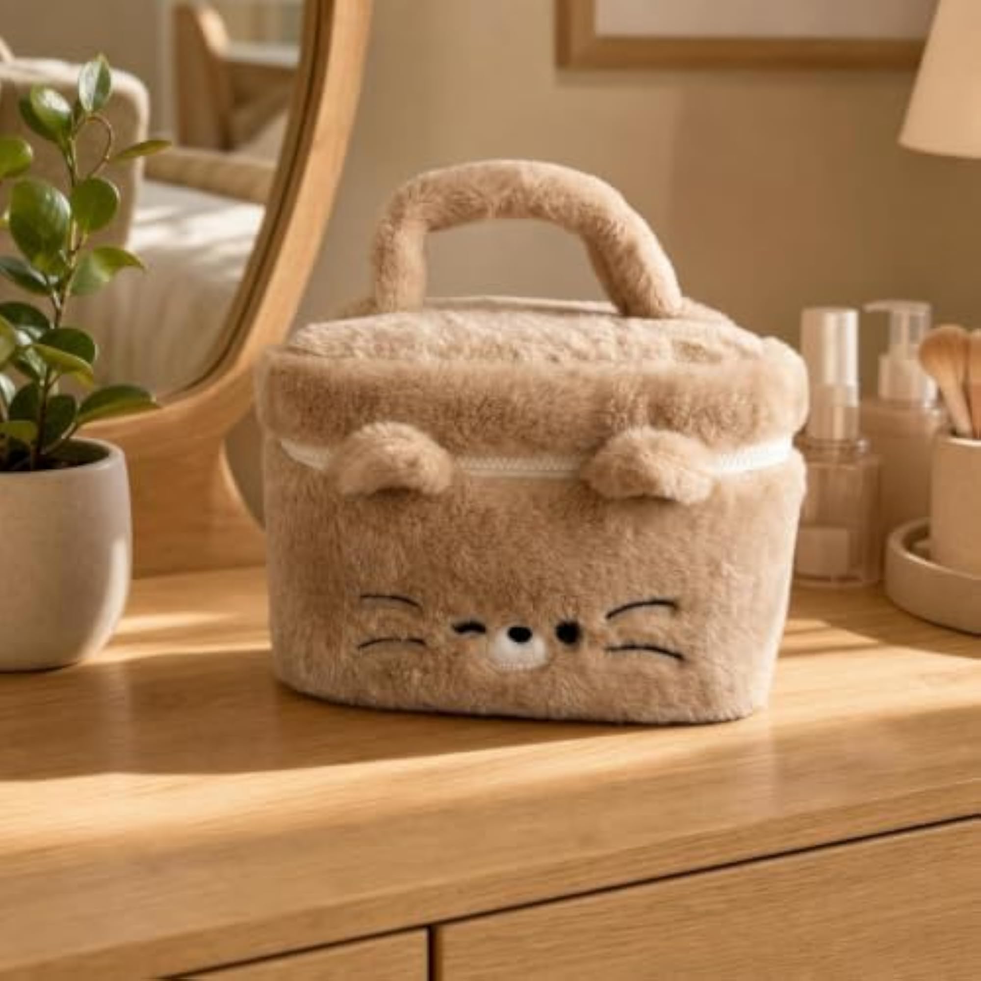 Cat-Themed Makeup Bag, Soft Organizer with Handle