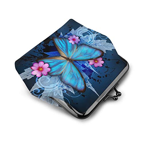 Blue Butterfly Flower Women's Leather Coin Purse, Small Change Pouch With Kiss-Lock Clasp Closure Buckle Wallet For Girl Gift #TOP2