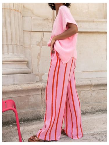 Women's Striped Wide Leg Palazzo Pants Elastic High Waisted Casual Long Trousers with Pockets2