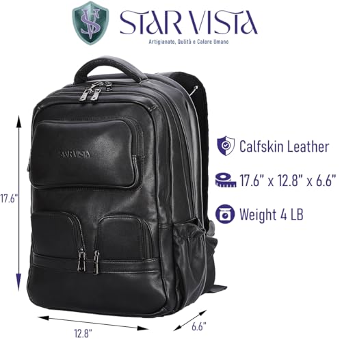 STAR VISTA 15.6" Raphael Calfskin Leather Laptop Backpack, Multi Pockets, Casual Outdoor Business Travel Rucksack, YKK Zippers, Black3